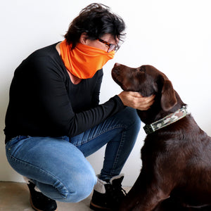 Protect-A-Neck Scarf Mask is a silky soft, stretchy poly/spandex tube scarf + face mask + headband. High-Vis Orange for dog walking!