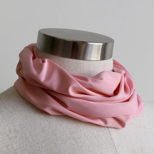 Protect-A-Neck Scarf Mask is a silky soft, stretchy poly/spandex tube scarf + face mask + headband. Nanny Pink/