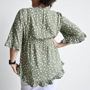 Ruffled Drawstring Blouse  - September Floral Sage GreenKOBOMO Women's Tops and Blouses