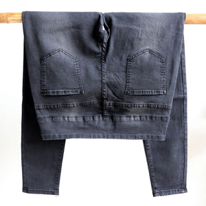 Shaper Denim Jeans - mid-rise stretch pull-on jegging in plus size. Black back on hanger.