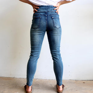 Shaper Denim Jeans - mid-rise stretch pull-on jegging in plus size. Back view.
