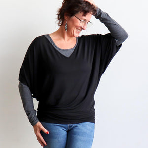Stand By Me Top by KOBOMO - batwing t-shirt in quality bamboo fabric, ethically handmade. Black. Layered view.
