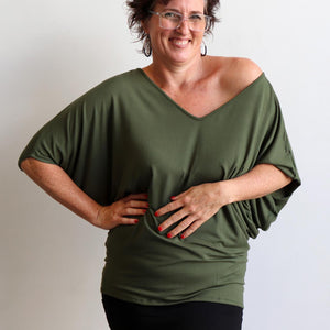 Stand By Me Top by KOBOMO - batwing t-shirt in quality bamboo fabric, ethically handmade. Khaki Green.