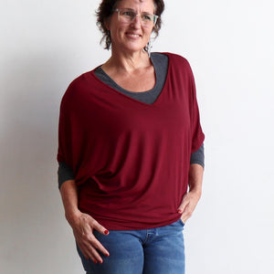 Stand By Me Top by KOBOMO - batwing t-shirt in quality bamboo fabric, ethically handmade. Sangria Red. Layered view.