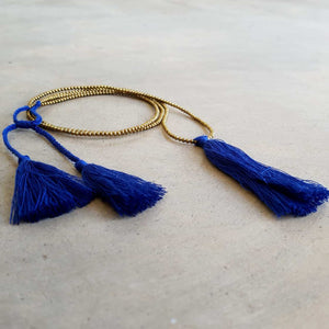 Cobalt Blue metallic bead necklace with tassel. 