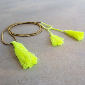 Neon metallic bead necklace with tassel. 