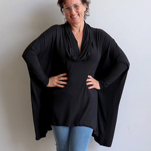 Our Glider Poncho Tee made in bamboo is a cowl neck plus size winter kaftan top. Black