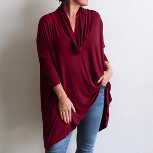 Our Glider Poncho Tee made in bamboo is a cowl neck plus size winter kaftan top. Sangria..