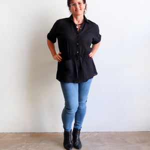 Come on a Safari with me! Classic summer short-sleeved, button-through blouse in 100% cotton. Black. Full length view/