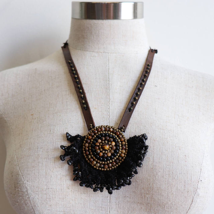 Tribal Pendant Leather + Crochet Necklace