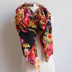 Vintage Floral Scarf is a handmade 100% cotton retro print accessory or sarong wrap. Black.