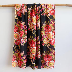 Vintage Floral Scarf is a handmade 100% cotton retro print accessory or sarong wrap. Black. Full View.