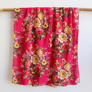 Vintage Floral Scarf is a handmade 100% cotton retro print accessory or sarong wrap. Pink. Full View.