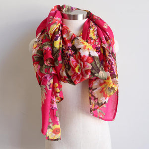 Vintage Floral Scarf is a handmade 100% cotton retro print accessory or sarong wrap. Pink.