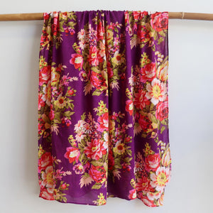 Vintage Floral Scarf is a handmade 100% cotton retro print accessory or sarong wrap. Purple. Full view.