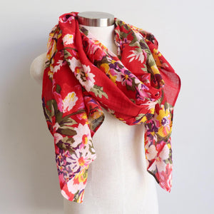 Vintage Floral Scarf is a handmade 100% cotton retro print accessory or sarong wrap. Red.