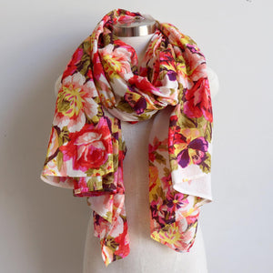 Vintage Floral Scarf is a handmade 100% cotton retro print accessory or sarong wrap. White.