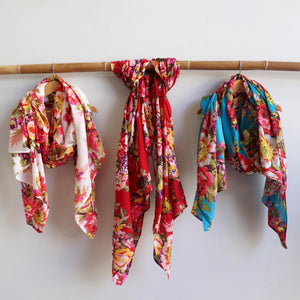 Vintage Floral Scarf is a handmade 100% cotton retro print accessory or sarong wrap. White, red, aqua.