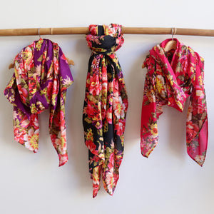 Vintage Floral Scarf is a handmade 100% cotton retro print accessory or sarong wrap. Purple, black, pink.