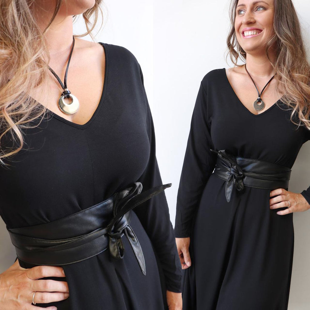 Wrap‘n’Tie Belt - Women’s Obi style wrap-around leather-look waist sash. Black with Veronica Dress.