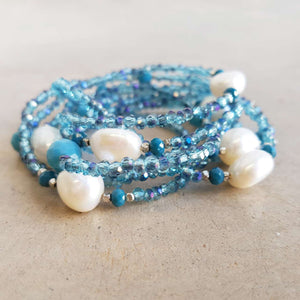Pisces Pearl and Cutglass Necklace- 70cm length freshwater pearls. Marine Blue. 