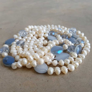 Atlantis Long Baroque Pearl Opera Necklace clear + coloured beads. Smoke Blue.