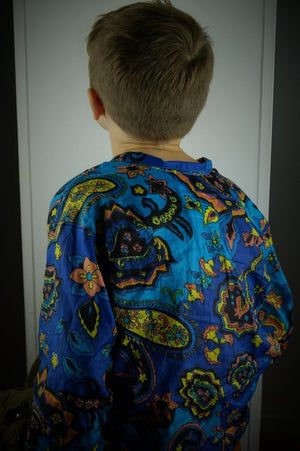 Boy's button-up long sleeved cotton shirt in cobalt blue paisley