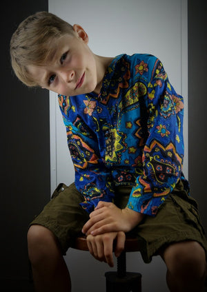 Boy's button-up long sleeved cotton shirt in cobalt blue paisley